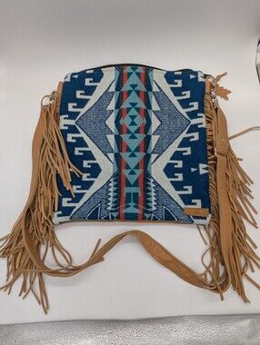 Mercy Grey Pendleton Wool Leather Fringe Aztec Crossbody Bag Purse Festival Boho